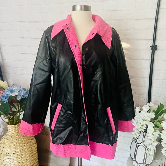 Black Leather Pink Sherpa Coat - Picture 2 of 13